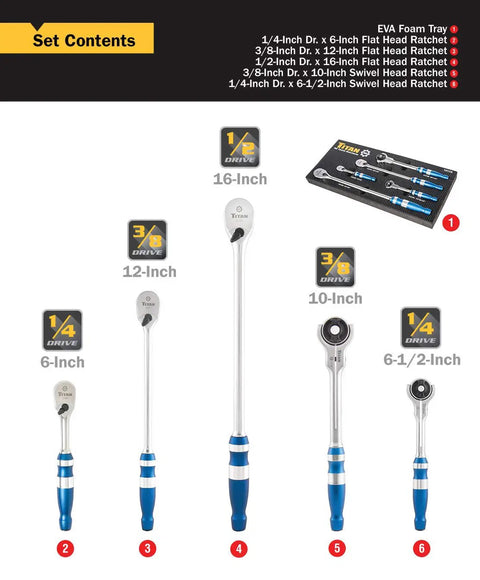 5-Piece Aluminum Ratchet Set With 90-Tooth Swivel Head And Flat Head Drives showing various sizes on foam tray