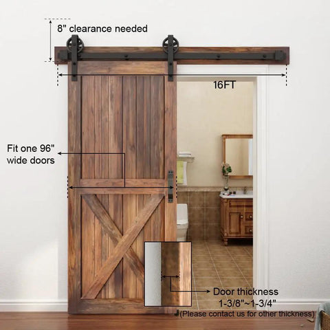 16Ft Sliding Barn Door Hardware Kit With Black Powder Coat 6Mm Thick Track Big Spoke Rollers Heavy Duty Industrial Grade System Door Not Included Perfect For Modern Home Or Shop Renovations. 16ft black barn door track over wood door, 8in clearance