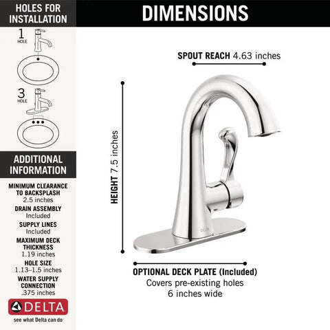 Chrome One-Hole Bathroom Faucet With Push-Pop Drain for Vanity Sinks, Fits 1 or 3-Hole Installations, Deck Plate Included, Durable Finish, No-Fuss Install, Modern Vanity Tap, Model 15897LF, with dimensions