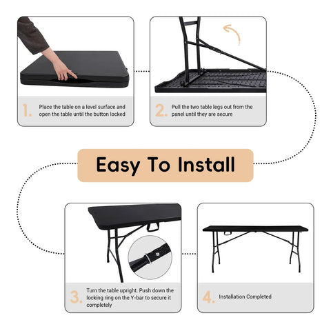 Installation steps for Foldable 6 Foot HDPE Table Go To Portable Banquet Surface showing folding and leg setup process.