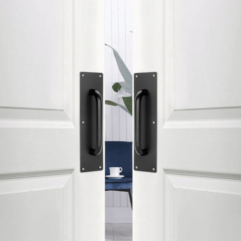 Stainless Steel Door Push Plates 4 Pack With Screws installed on double doors, black finish, suitable for home office or public spaces.