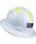 Solid As A Rock Full Brim Hard Hat With Airflow Hdpe Shell And Six Point Suspension Ansi Z89 1 Certified safety helmet, white with yellow and black graphic details.