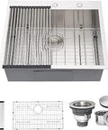 Drop-In Kitchen Sink 25 x 22 Inch Stainless Steel 16 Gauge T304 Deep Single Bowl Topmount For RV And Laundry Utility Heavy-Duty Brushed Finish Easy To Clean with accessories displayed