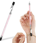 2 In 1 Stainless Steel Bracelet Helper Tool For No Hassle Slip On Wear And Clasp Fastening Jewelry Clasp Helper For Necklaces Watches And Zippers With Rhinestone Handle in use, showing pink handle and clasp fastening a bracelet.