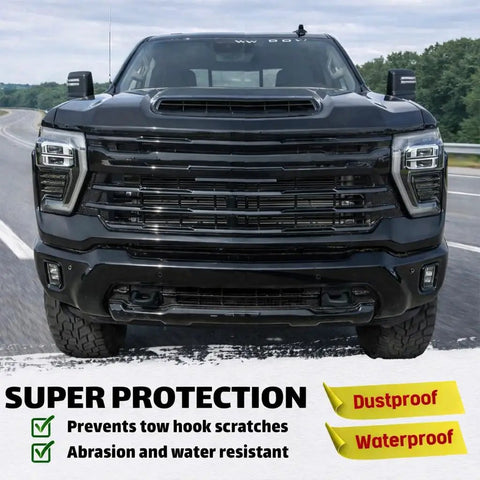 Front view of 2020 to 2026 Silverado with OEM Style Tow Hook Covers For 2020 To 2026 Silverado 2500 3500 HD With Silicone Rubber.