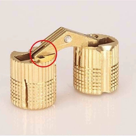 Close-up of Two Pack Copper Barrel Concealed Cabinet Hinges Hidden Brass Door Hardware For Gift Boxes Cabinets, 24mm mounting