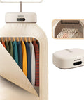 MOJOCO portable clothes dryer in cream; front view of compact wardrobe with zipper opening and separate drying unit