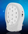 Slick Rechargeable Emergency Light Featuring Auto Trigger For Power Outages US Plug with 13 bright LEDs against blue background.