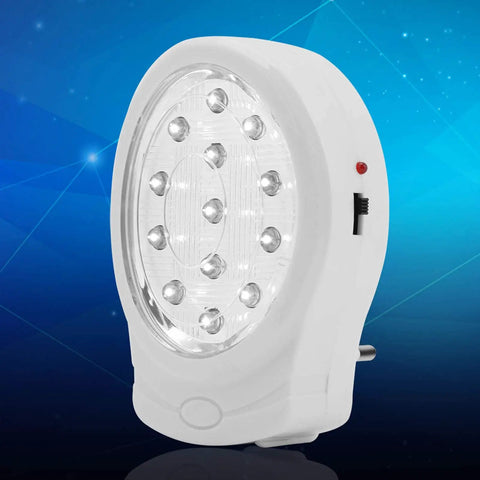 Slick Rechargeable Emergency Light Featuring Auto Trigger For Power Outages US Plug with 13 bright LEDs against blue background.