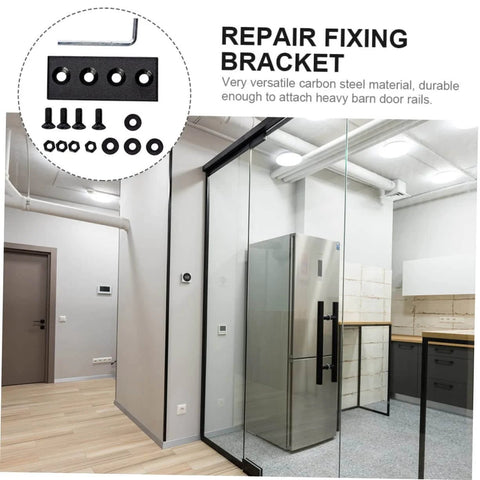 Flat Track Brackets And Mending Plates For Barn Door Track Connector Set shown in modern interior with repair fixing bracket components