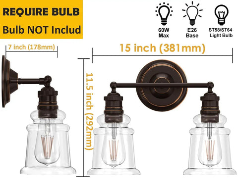 Dimensions of Oil Rubbed Bronze Two Light Vanity Light Fixtures With Clear Cylinder Glass Shades Over Mirror Modern Dual Mount