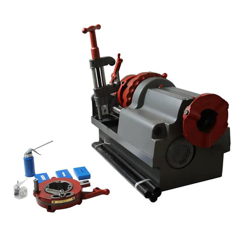 Pro Workhorse Heavy Duty Electric Pipe Threader With Self Oiling System And Double Speed Alloy Cutters For Hassle Free Threading Reaming And Trimming 1/2 To 3 Inch Pipe Shop Ready Grind on a workbench.