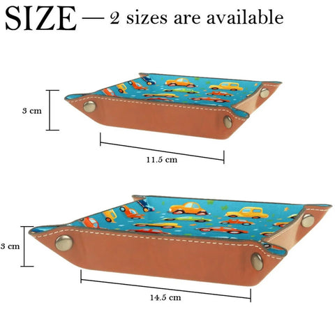 Slick Microfiber Leather Valet Tray For Nightstand And Desk, Handy Key Coin And Jewelry Catcher With Cartoon Car Grid Print showcased in two sizes.