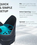 Close-up of handheld snow salt spreader with toggle cap sieve options for small, medium, large openings, on snowy surface.