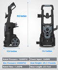 Dimensions and specs of Electric Pressure Washer 1600 PSI 1.2 GPM With Detergent Tank, 12 Amp Motor, 4 Quick Connect Nozzles
