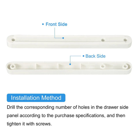 24 Pack Plastic Drawer Slides 180mm Side Mounted Grooved Guide Rail Kit White installation method showing front and back sides.