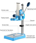 Rock Solid Cast Aluminum Bench Drill Stand With 90 Degree Rotating Fixture For Mini Drill Presses showing labeled parts.