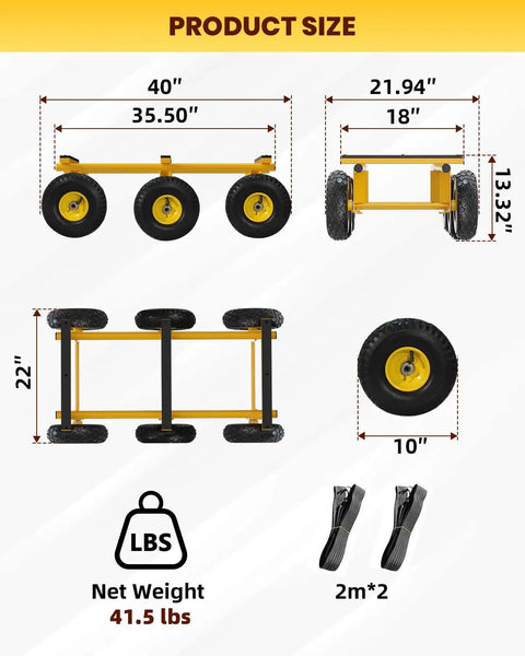 Beast Mode Six Wheel All Terrain Furniture Dolly Moves Heavy Loads up to 1500 Lbs Heavy Duty Moving Cart 35x18 Inches with Rust Proof Welded Frame and Non Marking Pads for Smooth Transport Anywhere Without Breaking a Sweat During Moves size diagram, 10-inch wheels