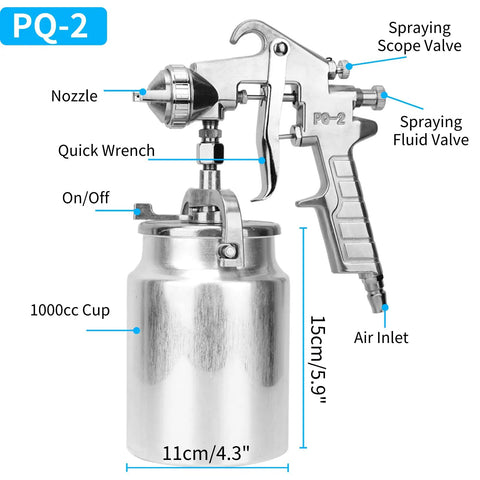 Suction Type Paint Spray Gun With 2.0mm Nozzle, Handheld Pneumatic Sprayer for auto body painting; labeled parts and dimensions