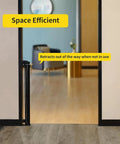 Retractable Mesh Baby Gate For Doorways, Stairs, And Hallways, 33 Inch Tall, Expands Up To 55 Inches Wide, showing space-efficient setup.
