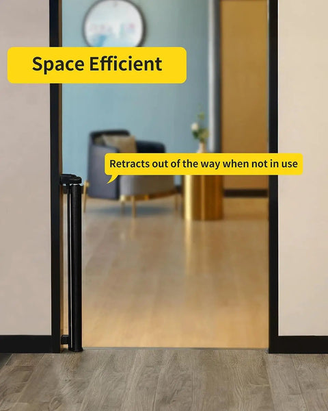 Retractable Mesh Baby Gate For Doorways, Stairs, And Hallways, 33 Inch Tall, Expands Up To 55 Inches Wide, showing space-efficient setup.