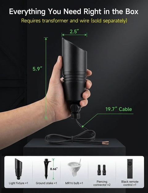 Smart RGBCW 12V Landscape Lighting Kit For Trees And Pathways, spotlight dimensions, 5.9-inch height, 19.7-inch cable shown.