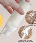 Close-up of 2 Oz Travel Foam Dispenser Bottles Set Empty Plastic Pump Bottles For Hand Soap And Shampoo Refillable And Reusable Grab And Go