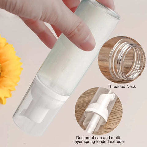 Close-up of 2 Oz Travel Foam Dispenser Bottles Set Empty Plastic Pump Bottles For Hand Soap And Shampoo Refillable And Reusable Grab And Go