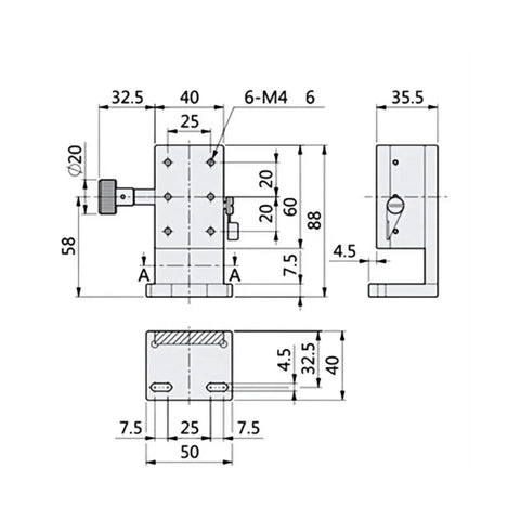 Technical drawing of Z Axis Linear Stage With Manual Twist Fine Tune Adjustment, Aluminum Alloy Sliding Table SPZ40-60