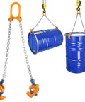Front view of FAHKNS drum lifter with orange hooks and steel chains lifting two blue 55-gallon drums