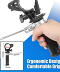 Hand holding drill shears attachment for cutting 0.3 to 1.0 mm metal sheets, ergonomic grip, shown with size dimensions.