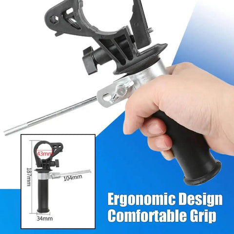 Hand holding drill shears attachment for cutting 0.3 to 1.0 mm metal sheets, ergonomic grip, shown with size dimensions.