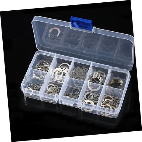 Open plastic case with 304 Stainless Steel C Shaped Retaining Clips Set 100 Pieces Split Washer Kit For M8 Axle Rings displayed on black background.