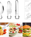Camping Cookware Set For 1 To 2 People, Aluminum Outdoor Cooking Kit utensils: foldable spoon, fork, and knife with food.