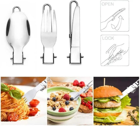 Camping Cookware Set For 1 To 2 People, Aluminum Outdoor Cooking Kit utensils: foldable spoon, fork, and knife with food.