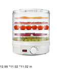 Heavy Duty Electric Food Dehydrator With Five Clear Trays And Adjustable Heat Zones For Zero Fuss Drying Of Fruit Meat Jerky And Custom Pet Treats Perfect For Family Dinners And Weekend Meal Prep showing fruits and vegetables in transparent trays.