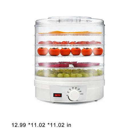 Heavy Duty Electric Food Dehydrator With Five Clear Trays And Adjustable Heat Zones For Zero Fuss Drying Of Fruit Meat Jerky And Custom Pet Treats Perfect For Family Dinners And Weekend Meal Prep showing fruits and vegetables in transparent trays.