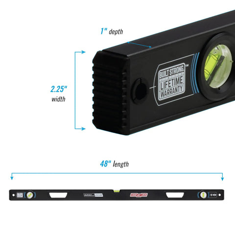 Rock Solid 48 Inch Professional Grade Aluminum Box Level Featuring Dead Accurate Solid Block Acrylic Vials And Bright Contrast Rings For Hella Precise Job Site Measurements