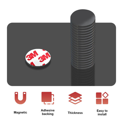 Stack of adhesive backed round rubber magnets for crafts and DIY projects, sticky magnetic dots 0.75 inch, easy peel and stick, strong hold