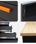 Close-up of Heavy Duty Garage Cabinet Workbench With Solid Wood Top, showing drawers and wooden surface detail.