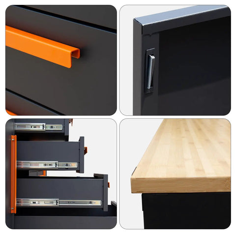 Close-up of Heavy Duty Garage Cabinet Workbench With Solid Wood Top, showing drawers and wooden surface detail.