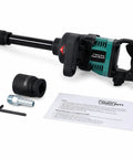 One Inch Heavy Duty Air Impact Wrench With Long Shank And 38Mm 41Mm Sockets 1900 Ft Lbs Torque with manual and accessories.