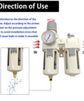 Installation guide for Dual Half Inch NPT Air Filter Regulator Lubricator All In One With Gauge 0 To 150 PSI, showing airflow direction.