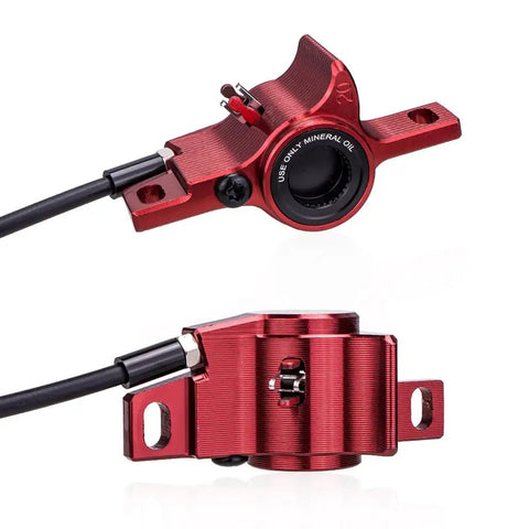 Upgrade Your Ride With This Premium Full Aluminum Alloy Hydraulic Disc Brake Kit Featuring Front And Rear Calipers Plus Brake Levers Easy Tool Free Pad Swap Universal Fit Smooth Stopping Power For Gnarly Trails - close-up of red hydraulic brake caliper with oil port.
