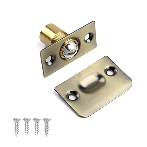 Heavy Duty Brass Ball Door Catch For Interior Doors, Adjustable Seam Fit, multi color components with screws shown