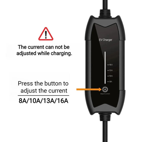 Portable Ev Charger Type 2 To Nema 515 Plug 16 Amp 110 Vac With 16 Foot Cable Ip65 Rated, showing adjustable current settings.