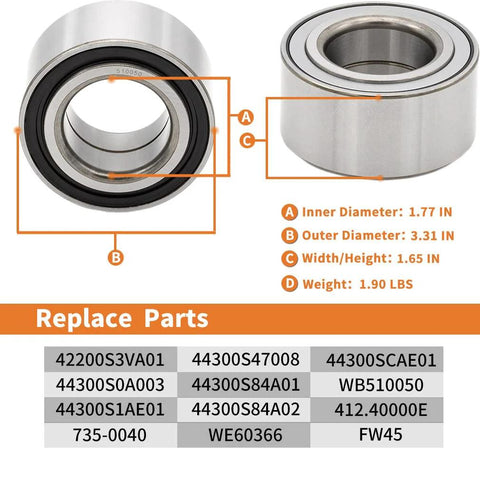 2 Pack 510050 Wheel Hub Bearing Assembly dimensions and compatible replacement parts chart