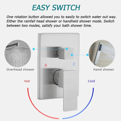 Brushed Nickel Shower System With 8 Inch Square Rain Shower Head, Brass Handheld Shower control switch detail view