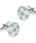 Classy Blue Silver Plated Cufflinks And Tie Clips For Men Clean Cut Formal Business Threads Hypoallergenic Round Grid Style Solid Gift For Husband Dad On Valentine Or Fathers Day, blue and silver cufflinks with grid design.