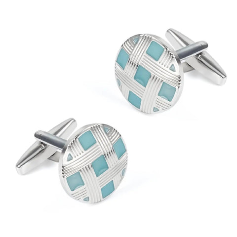 Classy Blue Silver Plated Cufflinks And Tie Clips For Men Clean Cut Formal Business Threads Hypoallergenic Round Grid Style Solid Gift For Husband Dad On Valentine Or Fathers Day, blue and silver cufflinks with grid design.